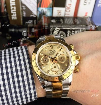 Copy Rolex Two Tone Daytona 40mm Watch Gold Dial with Diamond
